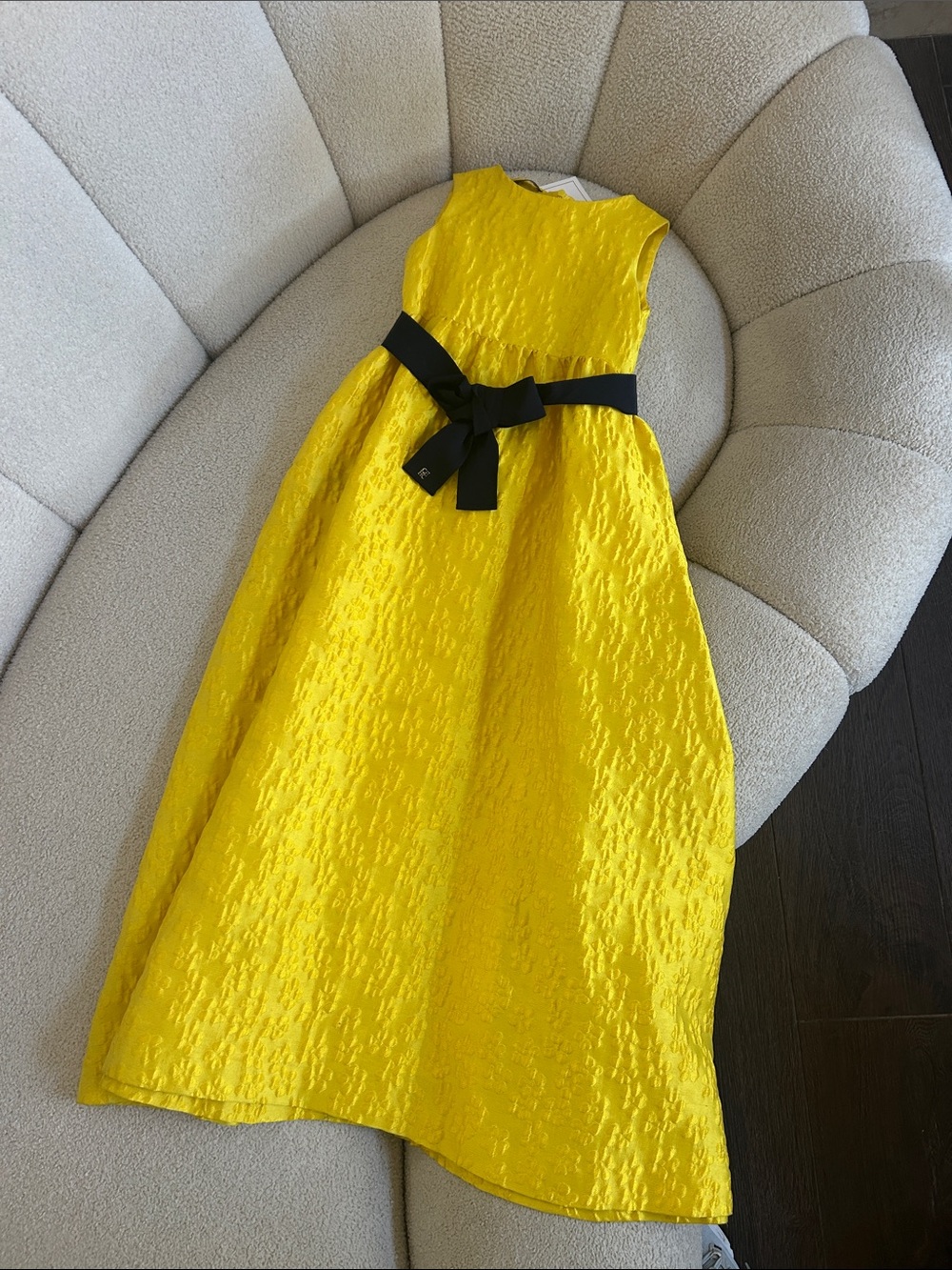 Carolina Herrera Bright Yellow Textured Sleeveless Dress with Black Bow